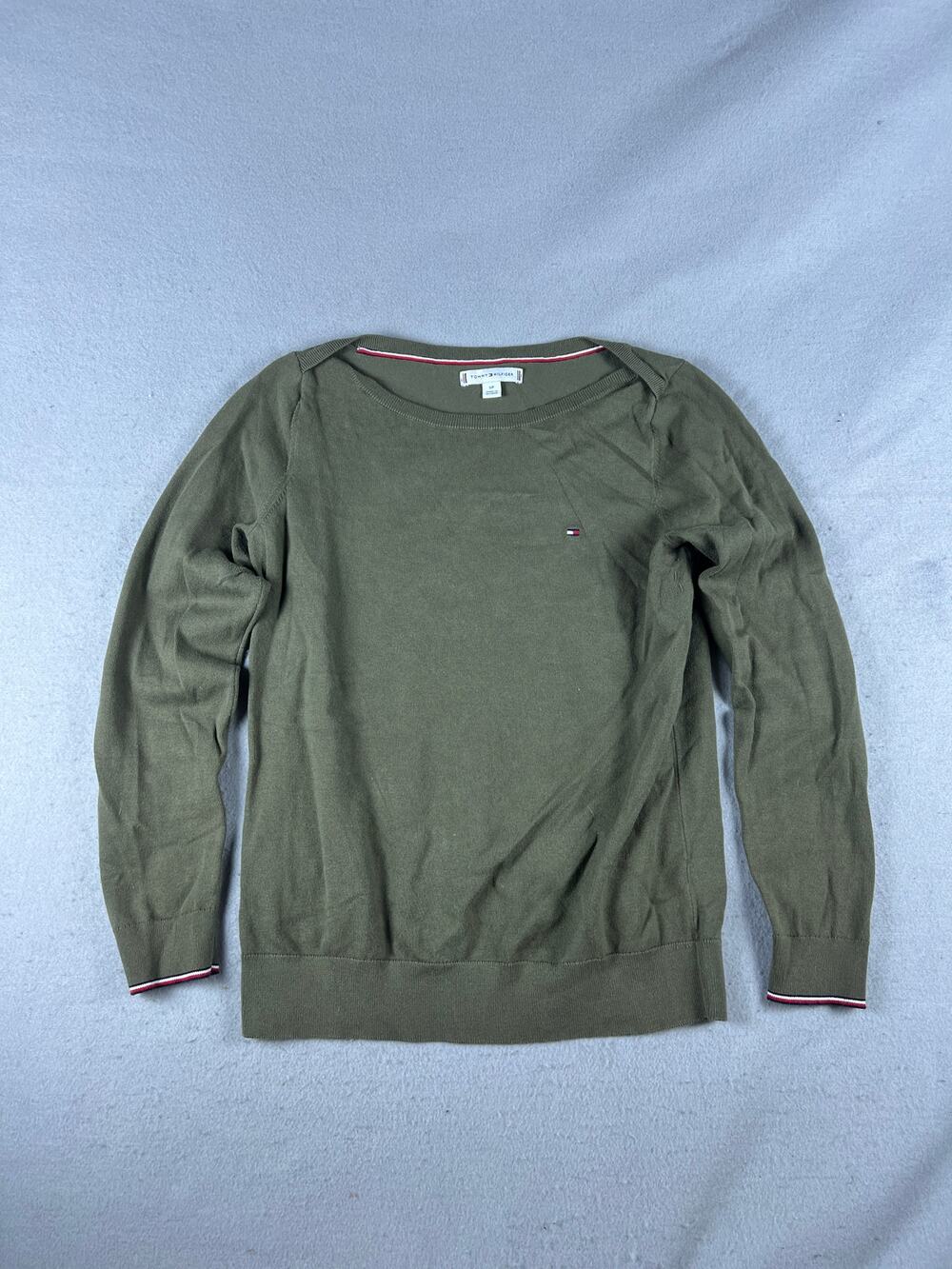 Tommy Hilfiger Sweater Womens S Olive Green Boat Neck Lightweight Knit Pullover
